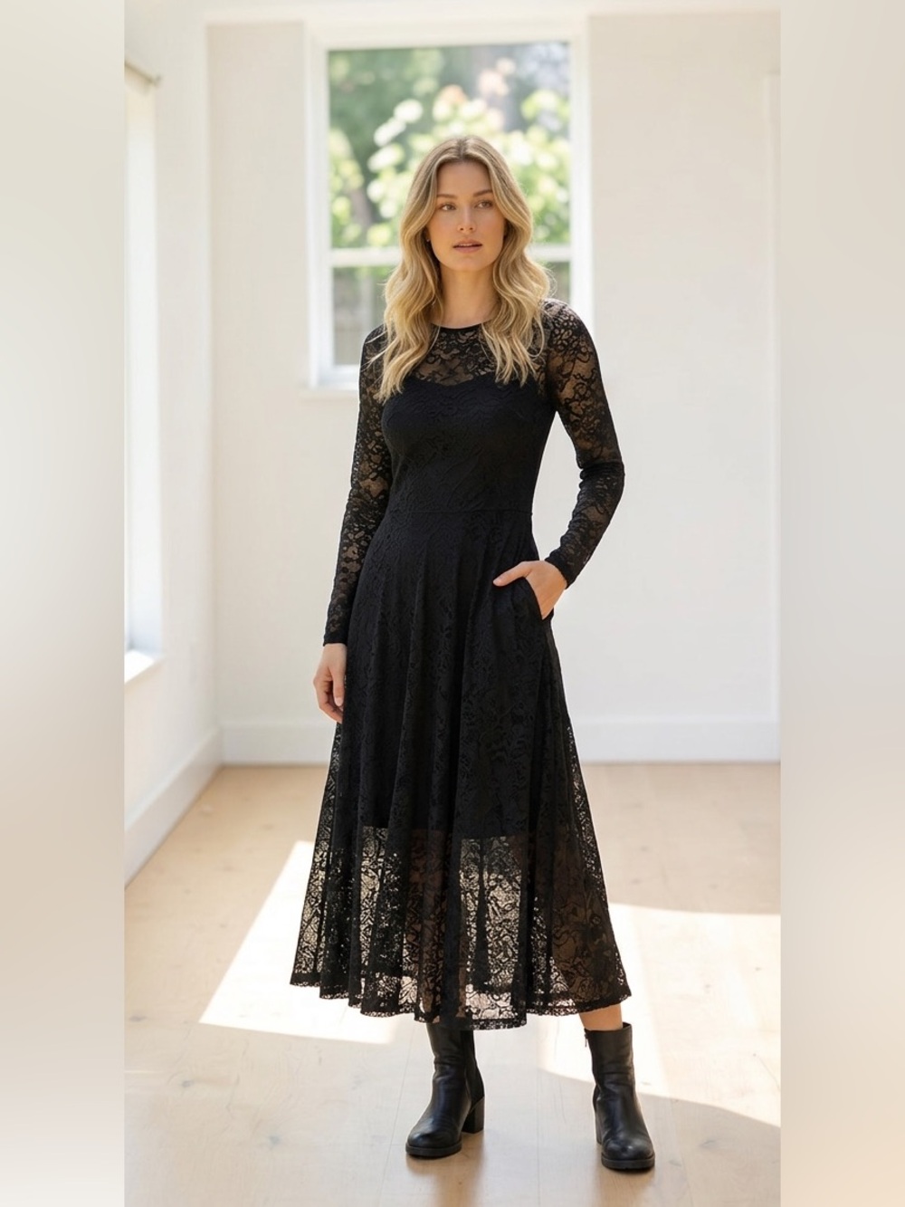 Veeca Black Lace Midi Dress L Illusion Neckline Romantic Coquette Glam